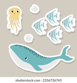 Cute vector stickers set with whale, jellyfish, shell, scalaria fish.Underwater cartoon creatures.Marine animals.Cute ocean illustration for fabric, childrens clothing,book, postcard,wrapping paper