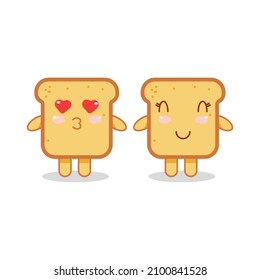 Cute vector stickers of toast. Set of stickers for Valentine's Day. Cute funny bread toast character. Illustration in flat style.