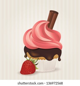 Cute vector strawberry and chocolate cupcake on delicate striped background. Cupcake collection.