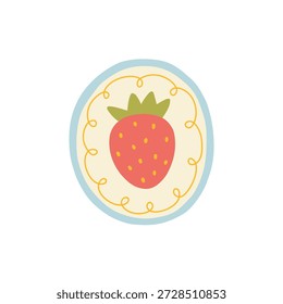 Cute vector strawberry icon in hand-drawn oval frame. Isolated summer fruit charm in naive ceramic style for organic food branding, clay jewelry, childish kitchen textile and garden stationery