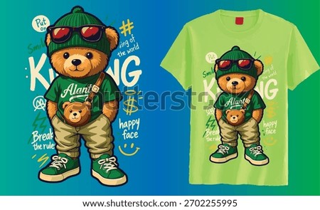 Cute vector streetwear teddy bear in green outfit with beanie, sunglasses and small bear bag, surrounded by playful text. 