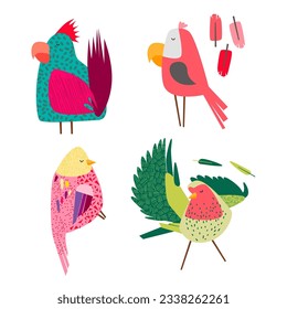 Cute vector stylized colored birds with colorful feathers. Stylish bright birds with beautiful textures on feathers. Vector parrots for magic design. Cute birds for children's illustrations.
