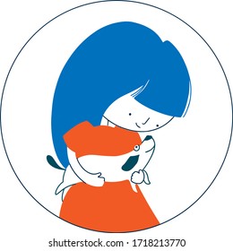 Cute vector stylized illustration of a girl with blue hair holding a dog in her arms, on a white background