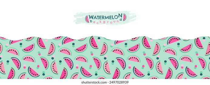 Lindo Anuncio de verano de Vector con rebanadas de sandía en Colores rosados, verdes y de menta, fondo de patrón de frutas de verano para folleto de Festiva y Diseños de promoción