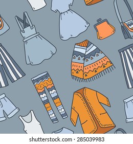 Cute vector summer cartoon seamless pattern with woman clothes icons in vintage style for your design 