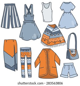 Cute vector summer cartoon set with woman clothes icons in vintage style for your design and dolls