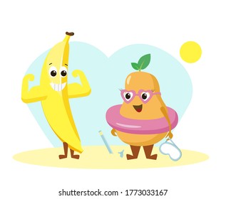 Carácter de verano vector circular. El plátano y la pera con un anillo de goma en la playa se miran el uno al otro con amor.