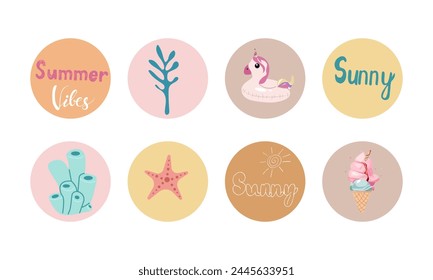 Cute vector summer coral , fish star , unicorn pool , ice cream and lettering icons in color circles for stickers and icons for planner , banner designs