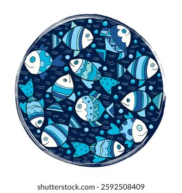 Cute vector summer design with doodle hand drawn fish in a dark blue circle, sea and ocean illustration for kids and baby designs