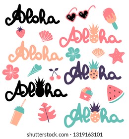 cute vector summer elements collection with hand drawn lettering word aloha, watermelon, smoothie, monstera, ice cream, pineapple, cherry, strawberry, flowers, sunglasses and seashell