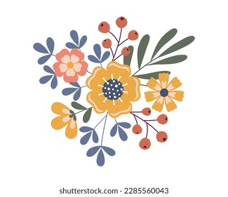 Cute vector summer flowers and berries composition. Spring or summer bouquet