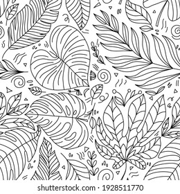 Cute vector summer hand drawn leaf seamless pattern. Print with leaves. Elegant beautiful monoline nature ornament for fabric, wrapping and textile. Scrapbook black and white paper.