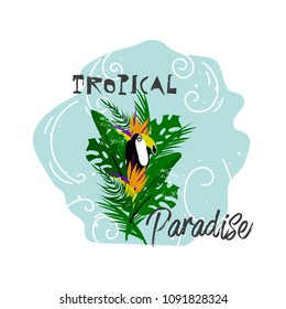 Cute vector Summer illustration collage with toucan bird, strelizia flower, palm leaves and calligraphic text on seascaped shape of heart background. Tropical paradise