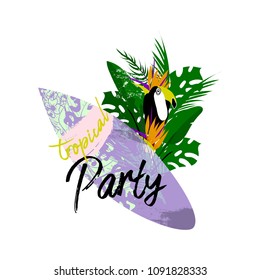 Cute vector Summer illustration collage with surfboard, toucan bird, strelizia flower and text Tropical Party. Hawaiian background