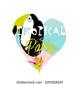 Cute vector Summer illustration collage with toucan bird, strelizia flower and cut out text on seascaped shape of heart background. Tropical Party