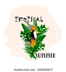 Cute vector Summer illustration collage with toucan bird, strelizia flower, palm leaves and calligraphic text on seascaped shape of heart background. Tropical summer