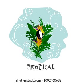 Cute vector Summer illustration collage with toucan bird, strelizia flower, palm leaves and seascaped pastel blue background. Tropical cut out text