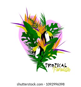 Cute vector Summer illustration collage with toucan bird, strelizia flower, palm leaves and calligraphic text on seascaped shape of heart background. Tropical paradise