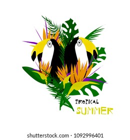 Cute vector Summer illustration collage with toucan bird, strelizia flower, palm leaves and calligraphic text on seascaped shape of heart background. Tropical summer