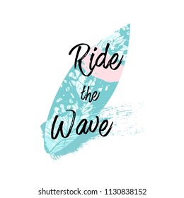 Cute vector Summer illustration collage with surf board and calligraphic text on seascaped shape of heart background. Tropical summer