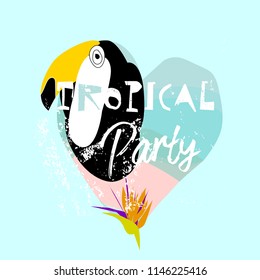 Cute vector Summer illustration collage with toucan bird, strelizia flower and cut out text on seascaped shape of heart background. Tropical Party