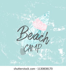 Cute vector Summer illustration with surf board and calligraphic text on seascaped shape of heart background. Tropical summer old fashionedl sticker or sign border