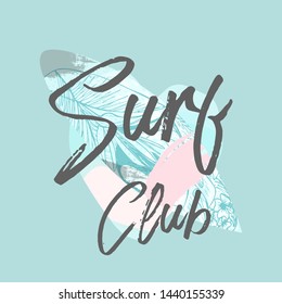 Cute vector Summer illustration with surf board and calligraphic text on seascape shape of heart background. Tropical summer  sticker or sign border