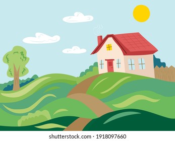 Cute vector summer landscape with house