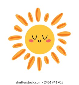 Lindo Vector en estilo de dibujos animados. Sol con rayos y sonrisa. Ilustración infantil. Imprimir. Fondo blanco aislado.