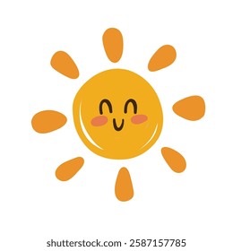 Cute vector sun in cartoon style. Sun with rays and smile. Children's illustration. Print. Children's flat illustration. White isolated background.