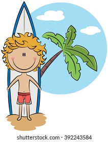 Cute vector surfer boy with surfboad stand near palm tree