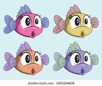 Cute Vector Surprised Fish Female Cartoon Character. Funny Shocked Little Fish. Four Colors.