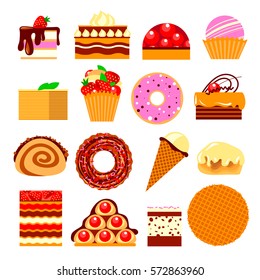 Cute vector sweet baked cupcakes, muffins, pie, cakes