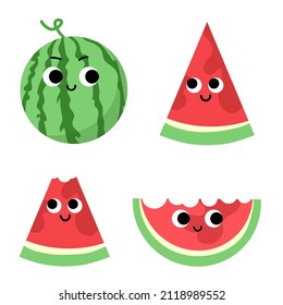 Cute vector sweet fructose cartoon watermelon slices with character faces. Anthropomorphic fruit berry isolated on white background. Childish clipart
