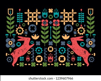Cute vector symmetrical illustration. Folk art. Rustic style postcard. Rabbits. Bunny. Easter.
