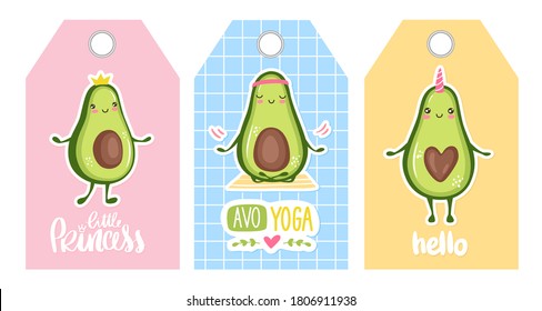 Cute vector tags with Cartoon avocado characters - unicorn, princess, doing yoga. Funny design. Kawaii vector illustration. Happy fruits.