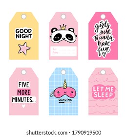 Cute vector tags with sleep masks and quotes. Vector cards collection. Blindfold classic and animal shaped - unicorn, panda. Labels, badges with eye masks and sleep lettering phrases