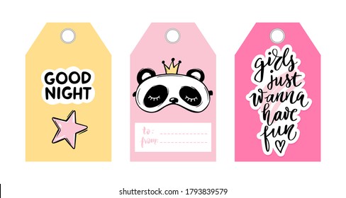 Cute vector tags with sleep masks and quotes. Vector cards collection. Labels, badges with panda eye mask and sleep lettering phrase Good night, Girls just wanna have fun. Pajama party concept.