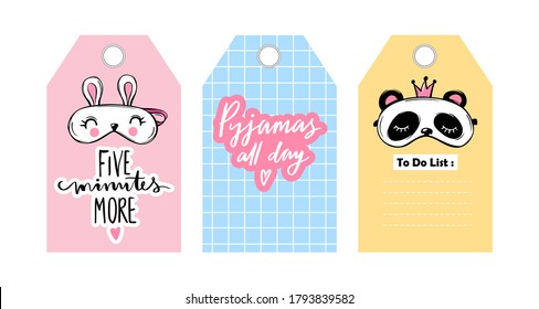 Cute vector tags with sleep masks and quotes. Labels, badges with eye masks and sleep lettering phrases. Vector cards collection. Blindfold classic and animal shaped - rabbi, panda with crown.