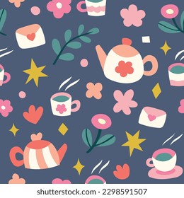 Cute vector tea cup seamless pattern. Cartoon hand-drawn tea coffee background with floral and abstract elements.