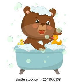 Cute vector teddy bear, in cartoon style, plays with yellow rubber ducks in a bath with foam and soap bubbles.