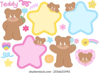 Cute vector of teddy bear, heart, star, flower for cartoon character, comic, mascot, zoo, souvenir shop, animal print, standee, patch, brooch, sticker, icon, text bubble, card, plush toy, kid doll