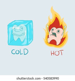 Cute Vector Teeth Characters about sensitive to hot and cold drinks