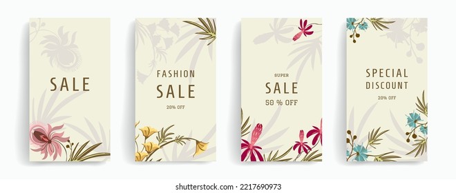 Cute vector template for social media posts, stories, banners, mobile apps, web, ads, cover. Simple design with copy space for text, field  flowers and silhouettes. Warm pastel colors.