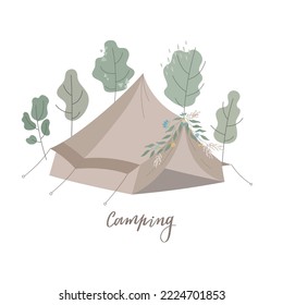 Cute vector tent illustration around forest. Can use for card, web.