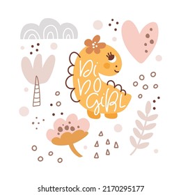 Cute vector text Girl Dino kids Greeting card landscape with dinosaur, mountains, palm, plants, flowers. Cartoon baby Scandinavian illustration. For children party.