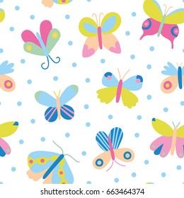 Cute vector texture with Butterflies and Polka Dots. Beautiful seamless pattern.