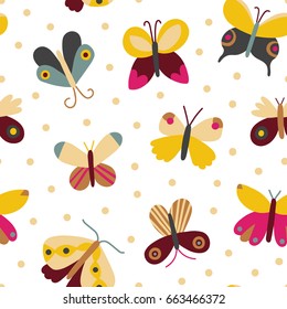 Cute vector texture with Butterflies and Polka Dots. Beautiful seamless pattern.