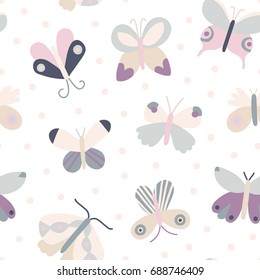 Cute vector texture with Butterflies and Polka Dots. Beautiful seamless pattern.