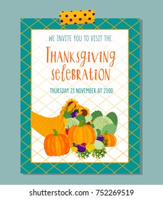 Cute vector Thanksgiving invitation card for harvest dinner. Background with pumpkins, cornucopia and written text.
